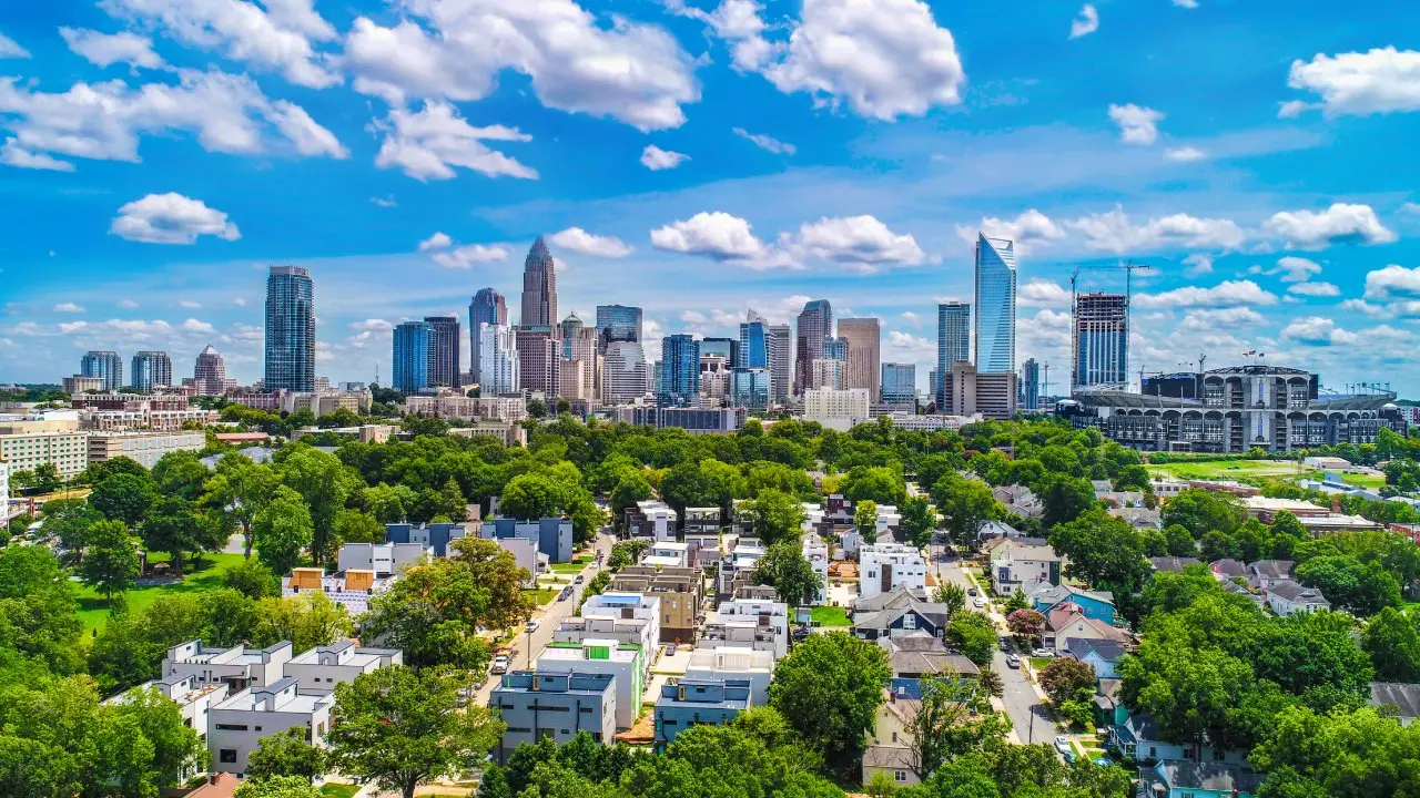 Charlotte North Carolina downtown and suburban skyline