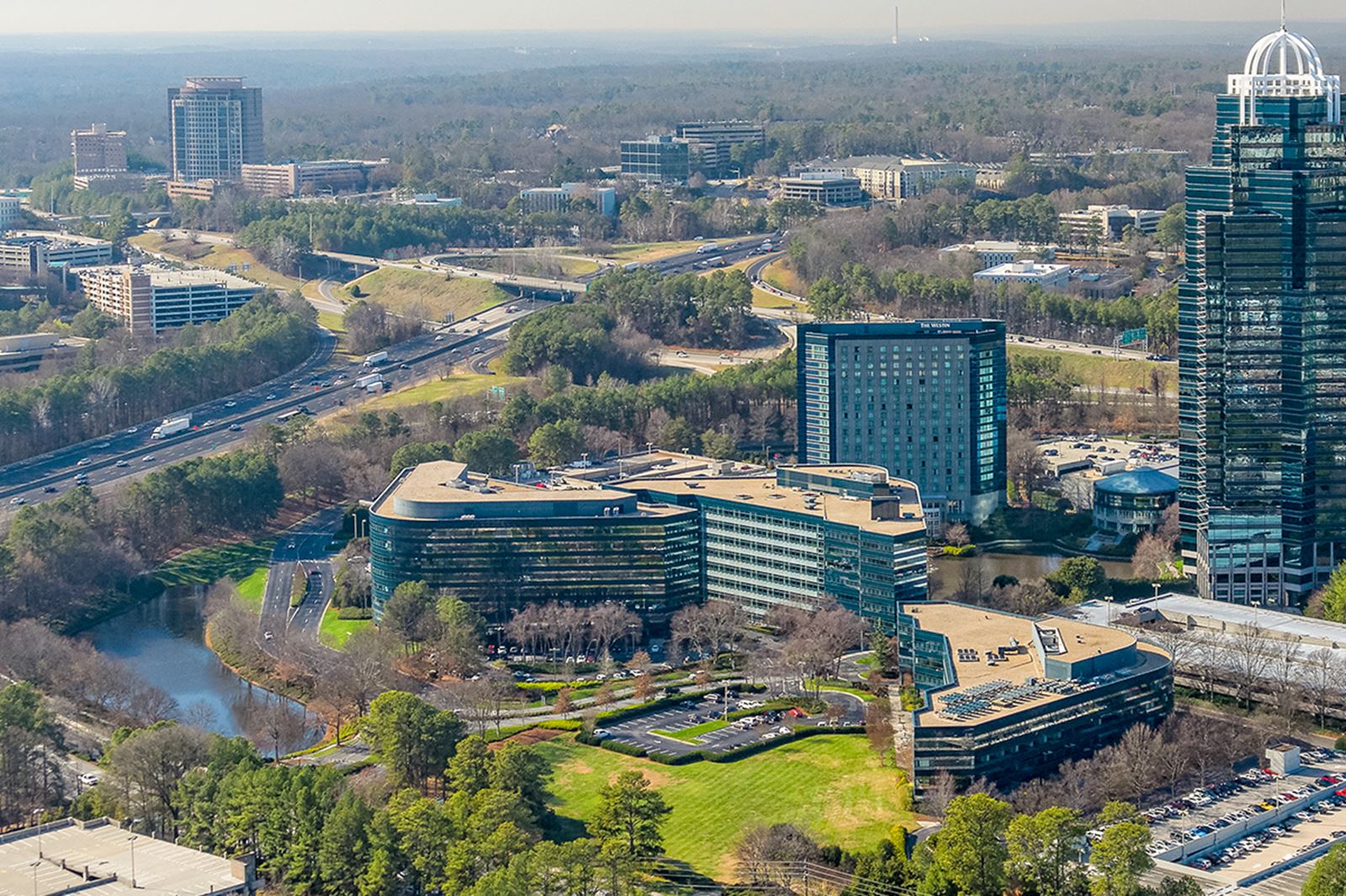 Urban skyline view with fireplace in foreground – Atlanta, GA