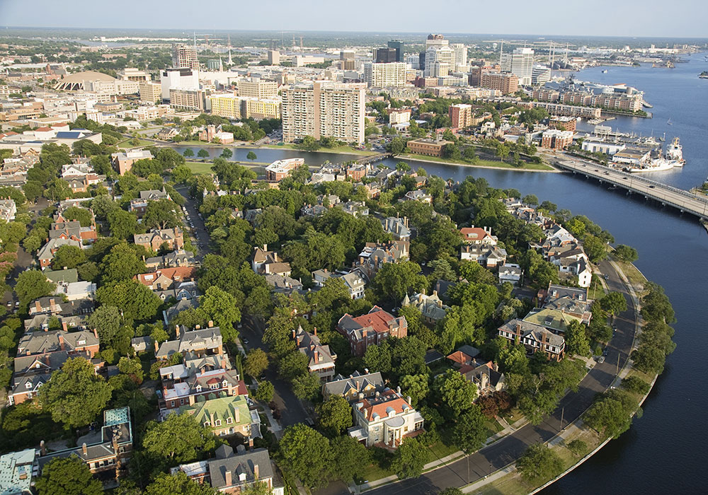 Historic brick homes and chimneys in Norfolk, VA