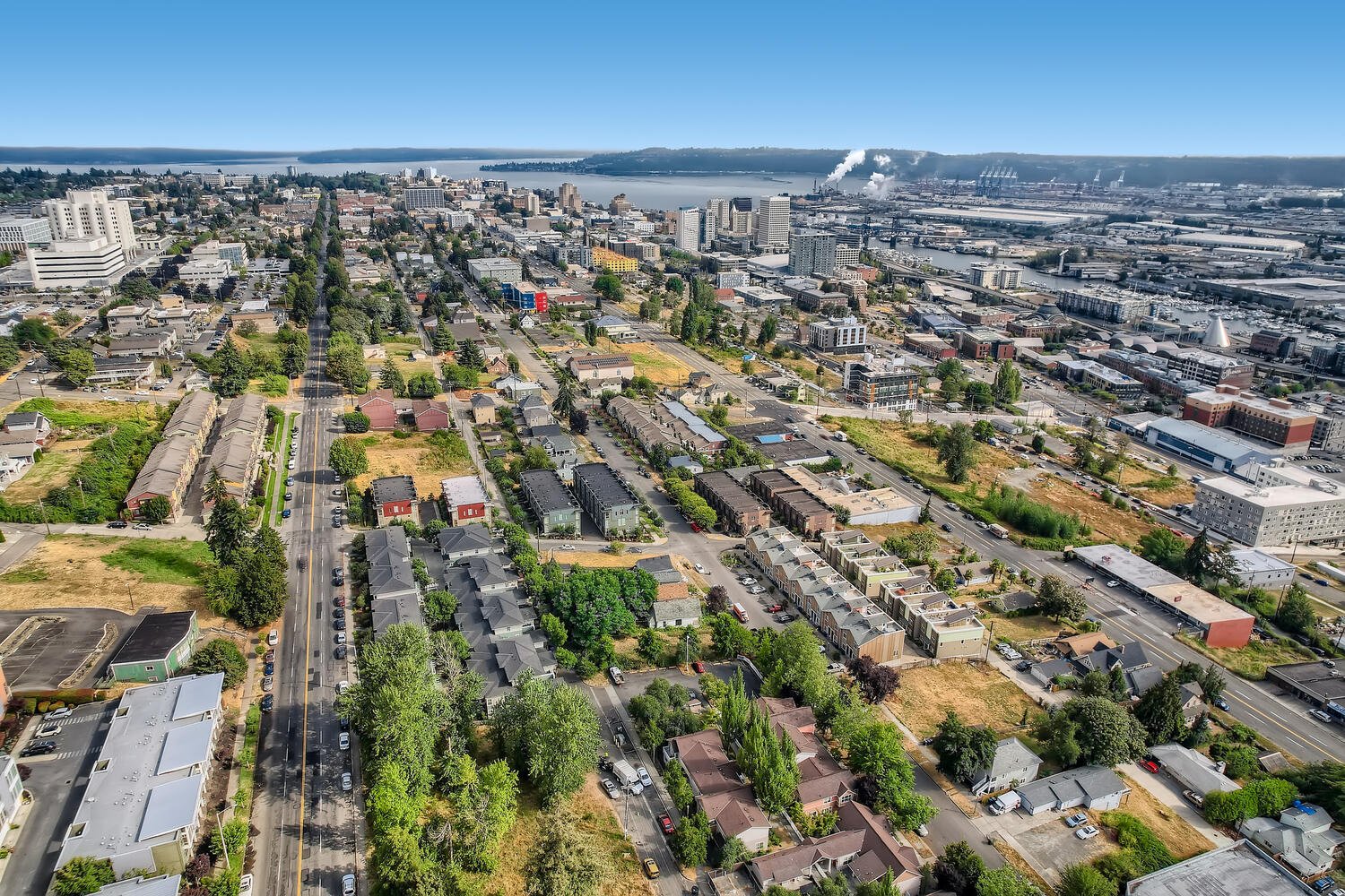 Downtown Tacoma skyline with chimneys in foreground