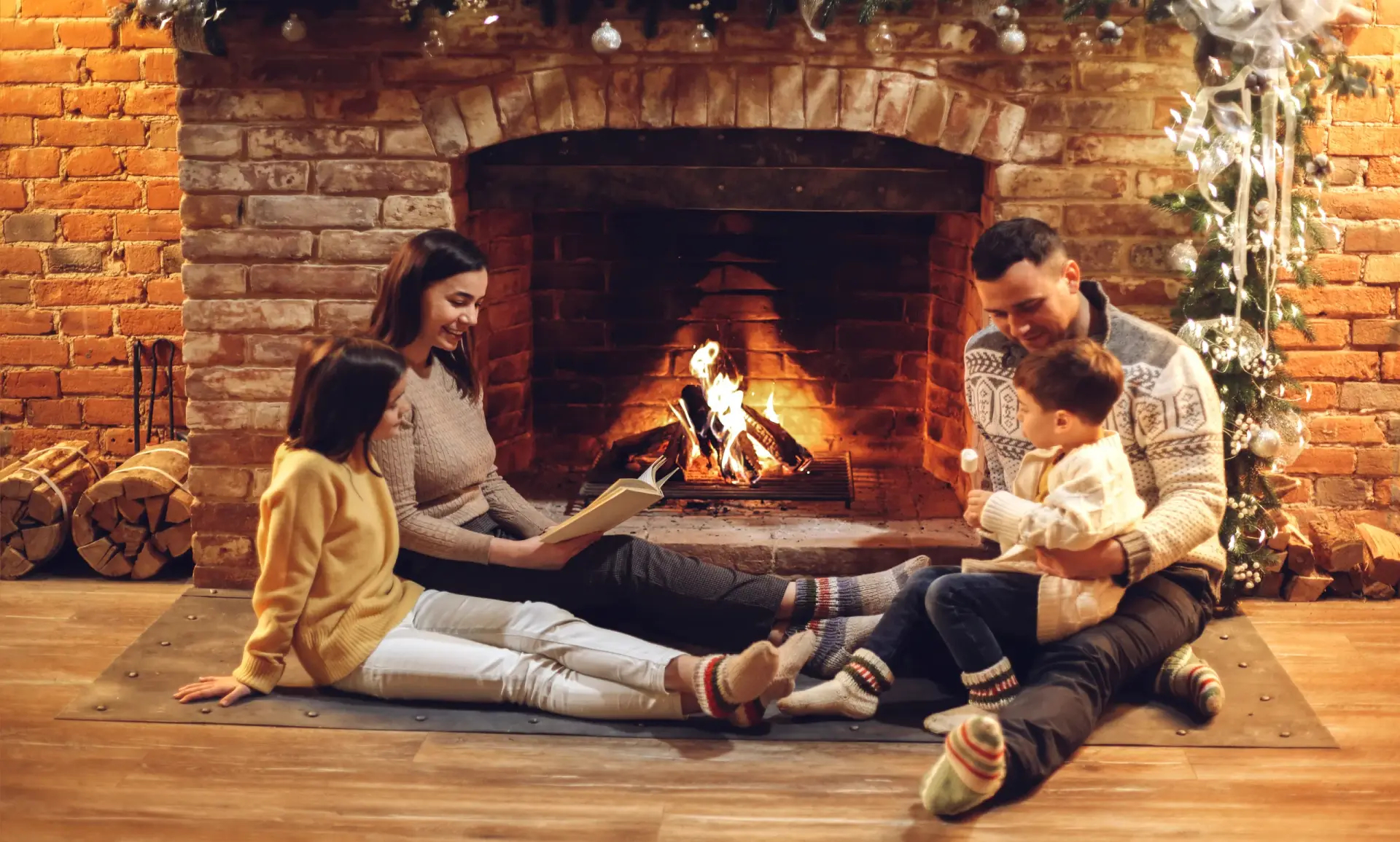 Family enjoying safe fireplace